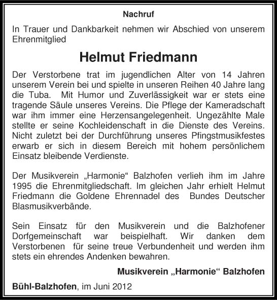 Nachruf Helmut Friedmann